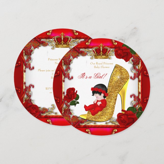 Princess Baby Shower Girl Guld Röd ros Hi Heel R3 Inbjudningar (Fram/baksida)