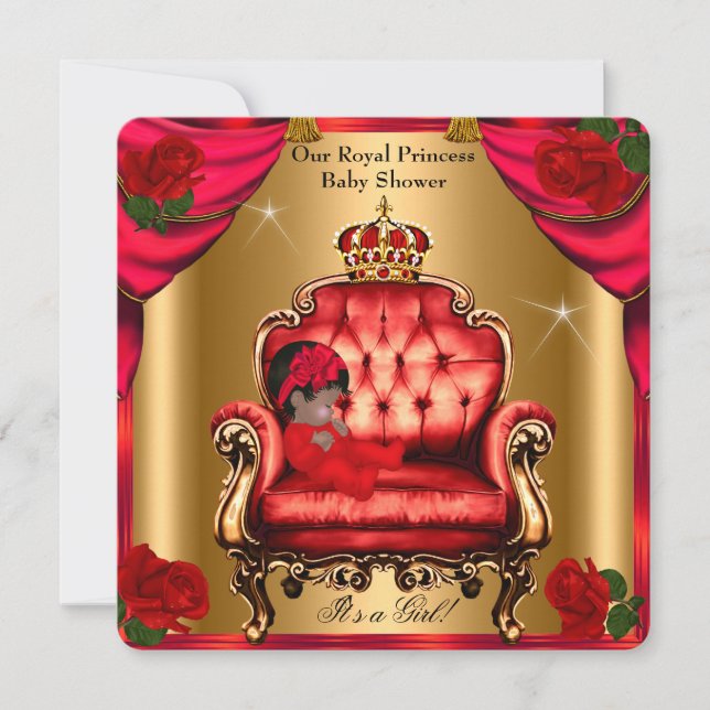 Princess Baby Shower Girl Guld Röd ros stol 5 Inbjudningar (Framsida)
