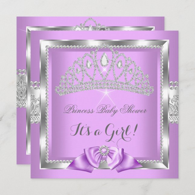Princess Baby Shower Girl Lavender Silver Diamond Inbjudningar (Fram/baksida)