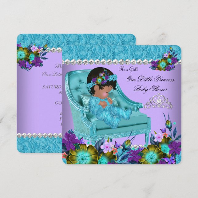 Princess Baby Shower Girl Lila Teal Blue stol 2 Inbjudningar (Fram/baksida)