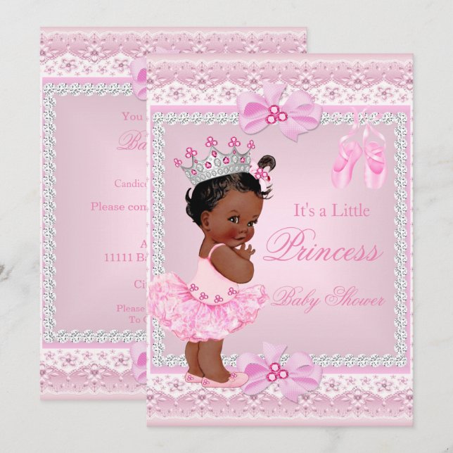 Princess Baby Shower Girl Rosa Ballerina Ethnic Inbjudningar (Fram/baksida)