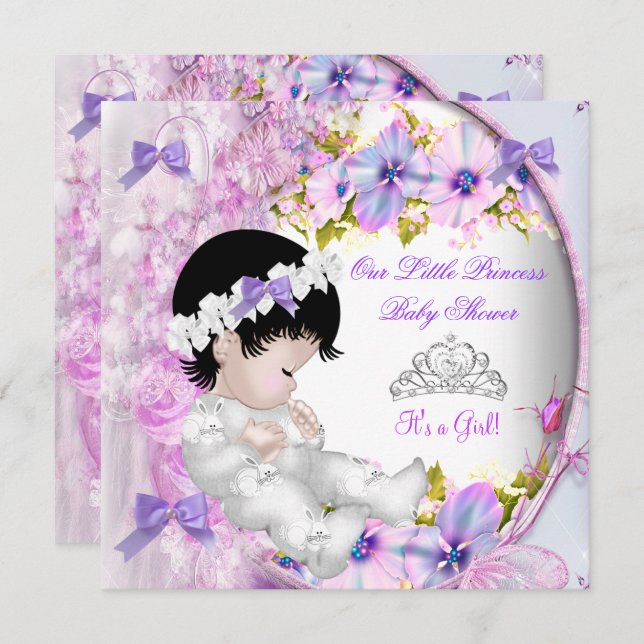 Princess Baby Shower Girl Rosa Lila Blommigt 3 Inbjudningar (Fram/baksida)