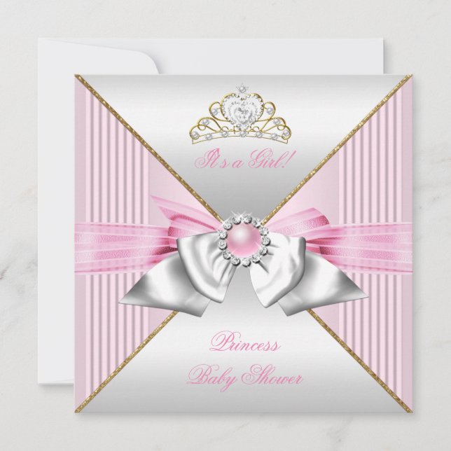 Princess Baby Shower Girl Rosa Pearl Guld silver 2 Inbjudningar (Framsida)