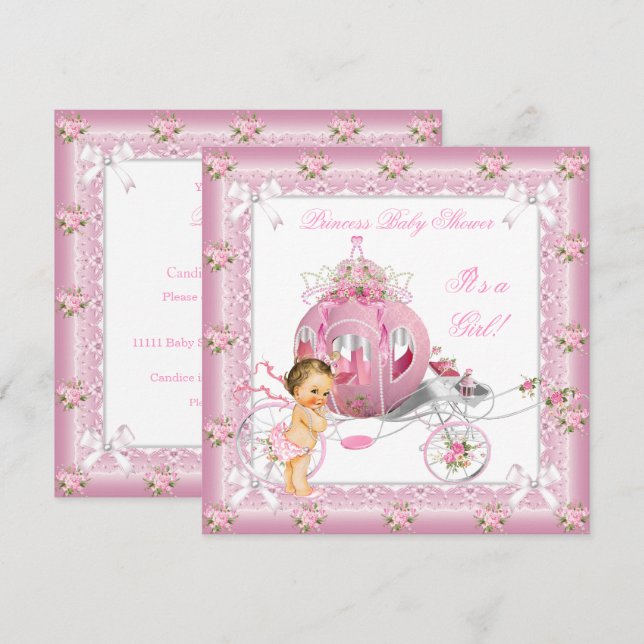 Princess Baby Shower Girl Rosa Pearls Brunette Inbjudningar (Fram/baksida)