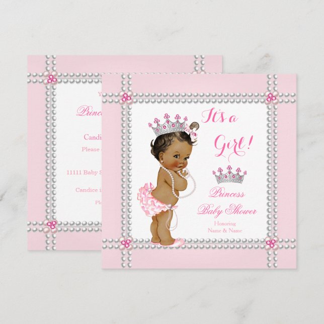 Princess Baby Shower Girl Rosa Pearls Ethnic Inbjudningar (Fram/baksida)