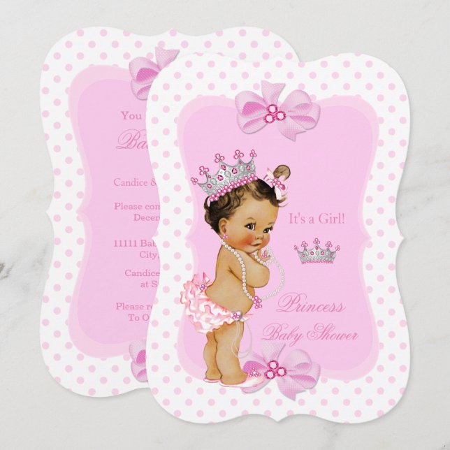Princess Baby Shower Girl Rosa Polka Dot Brunette Inbjudningar (Fram/baksida)