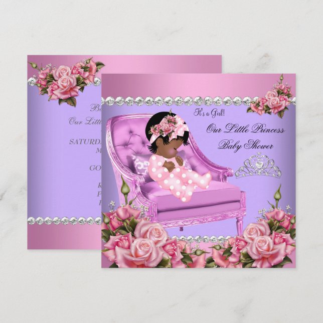 Princess Baby Shower Girl Rosa ros Lila Inbjudningar (Fram/baksida)