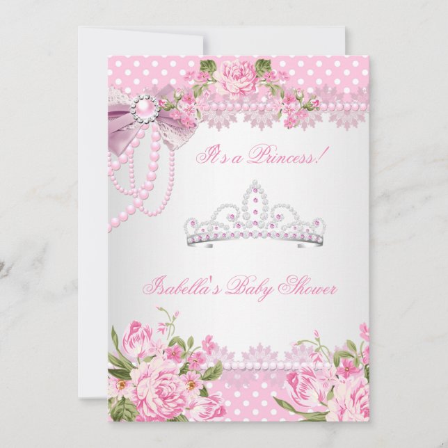 Princess Baby Shower Girl Rosa ros Polka dots Inbjudningar (Framsida)