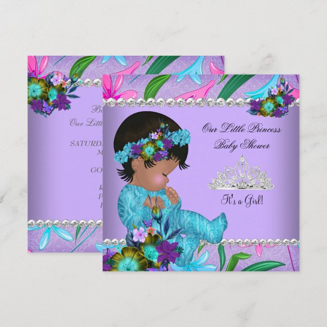 Princess Baby Shower Girl Rosa Teal Blue Lila Inbjudningar (Fram/baksida)