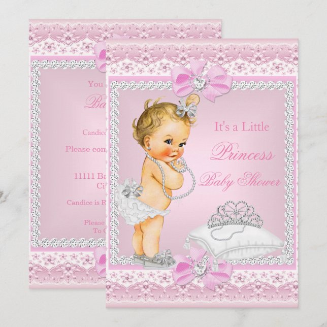 Princess Baby Shower Girl Rosa Tiara Heart Blonde Inbjudningar (Fram/baksida)
