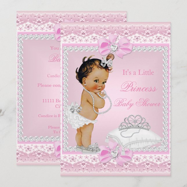 Princess Baby Shower Girl Rosa Tiara Heart Brunett Inbjudningar (Fram/baksida)