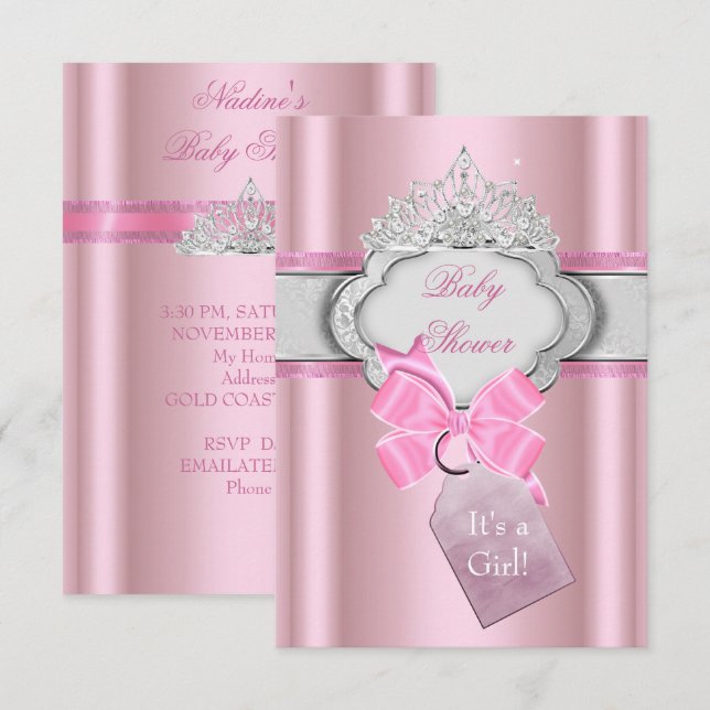 Princess Baby Shower Girl Rosa Tiara Princess Inbjudningar (Fram/baksida)