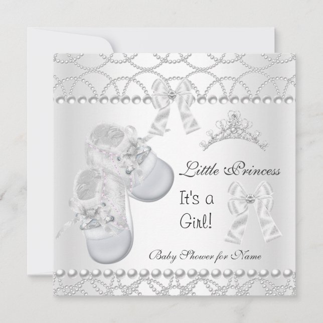Princess Baby Shower Girl Silver White Shoes Inbjudningar (Framsida)