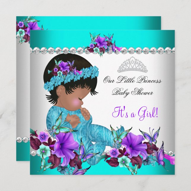 Princess Baby Shower Girl Teal Blue Lila 3 Inbjudningar (Fram/baksida)