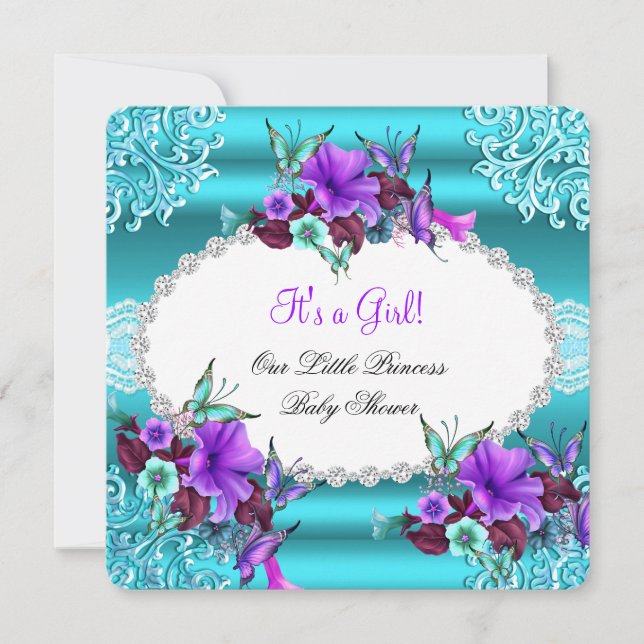 Princess Baby Shower Girl Teal Blue Lila Blommigt Inbjudningar (Framsida)