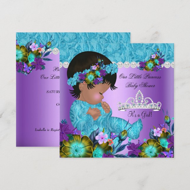 Princess Baby Shower Girl Teal Blue Lila New Inbjudningar (Fram/baksida)