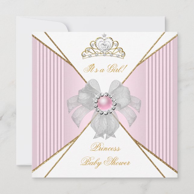 Princess Baby Shower Girl White Rosa Pearl Guld Inbjudningar (Framsida)