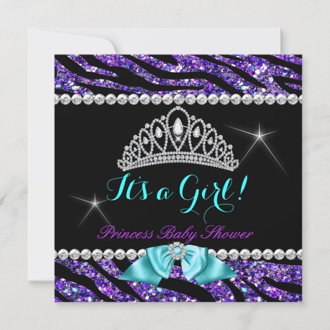 Princess Baby Shower Glitter Lila Teal Zebra Inbjudningar (Framsida)