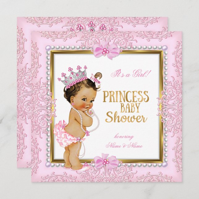 Princess Baby Shower Guld Rosa Pearls Snöre Inbjudningar (Fram/baksida)