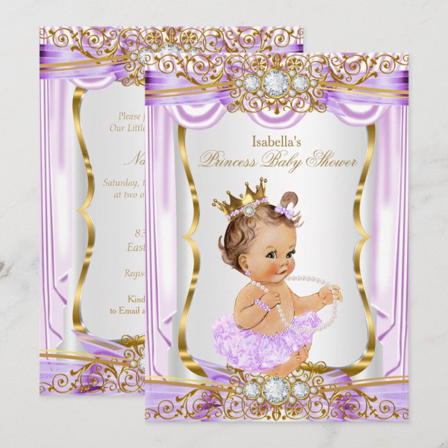 Princess Baby Shower Lila Silke Guld Brunette 2 Inbjudningar (Fram/baksida)