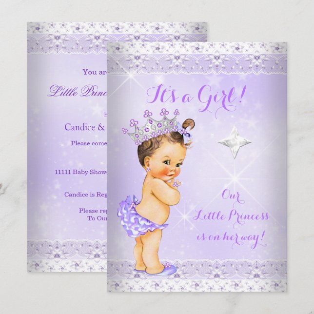 Princess Baby Shower Lilac Snöre Tiara Brunette Inbjudningar (Fram/baksida)