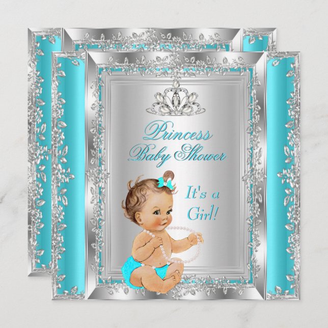 Princess Baby Shower Party Teal Silver Brunette Inbjudningar (Fram/baksida)
