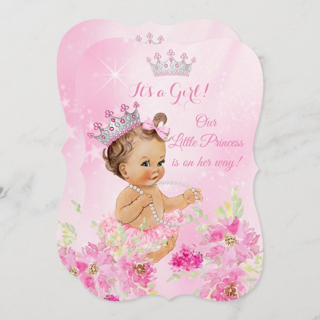 Princess Baby Shower Rosa blommigt Tutu Brunette Inbjudningar (Fram/baksida)