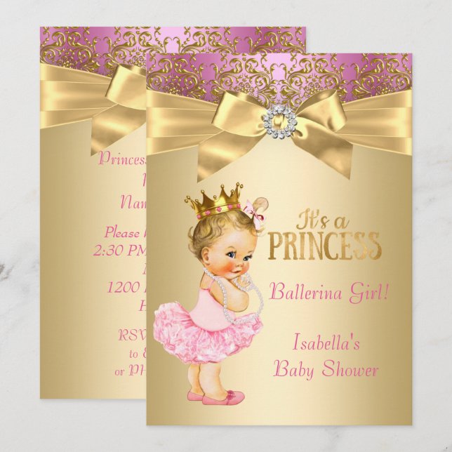 Princess Baby Shower Rosa Guld Ballerina Blonde Inbjudningar (Fram/baksida)