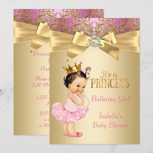 Princess Baby Shower Rosa Guld Ballerina Brunette Inbjudningar (Fram/baksida)