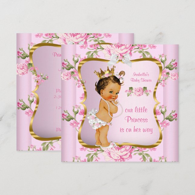 Princess Baby Shower Rosa Guld Blommigt Brunette Inbjudningar (Fram/baksida)