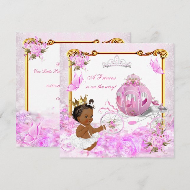Princess Baby Shower Rosa Guld Carriage Ethnic Inbjudningar (Fram/baksida)