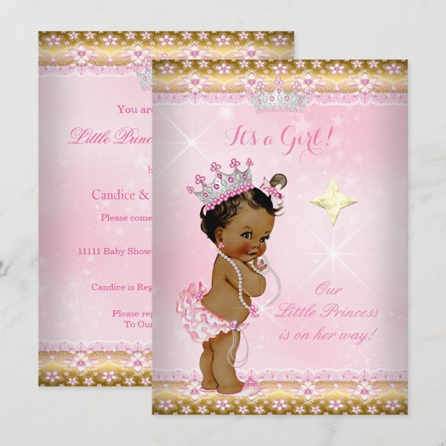 Princess Baby Shower Rosa Guld Snöre Tiara Ethnic Inbjudningar (Fram/baksida)