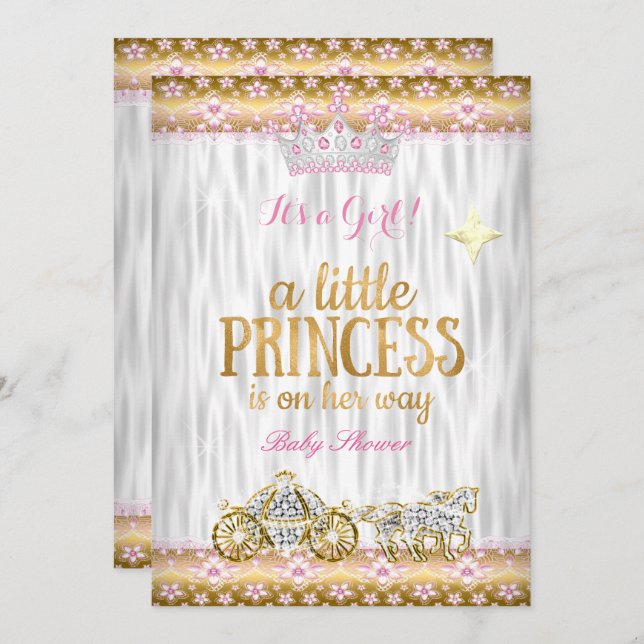 Princess Baby Shower Rosa Guld White Carriage Inbjudningar (Fram/baksida)