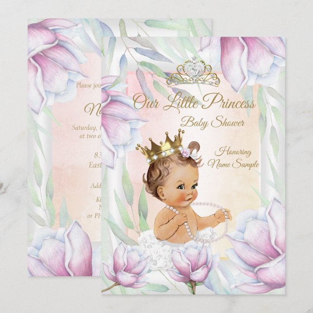 Princess Baby Shower Rosa Lilac Blommigt Brunette Inbjudningar (Fram/baksida)