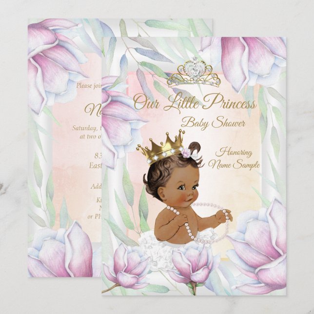 Princess Baby Shower Rosa Lilac Blommigt Ethnic Inbjudningar (Fram/baksida)