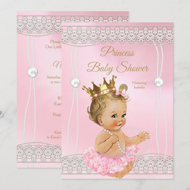 Princess Baby Shower Rosa pearl snöre blonde Inbjudningar (Fram/baksida)