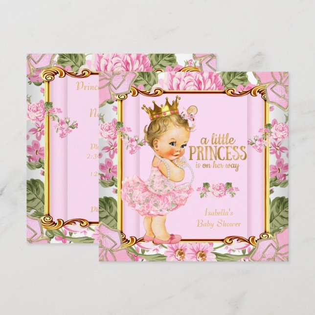 Princess Baby Shower Rosa ros Blommigt Blonde-flic Inbjudningar (Fram/baksida)