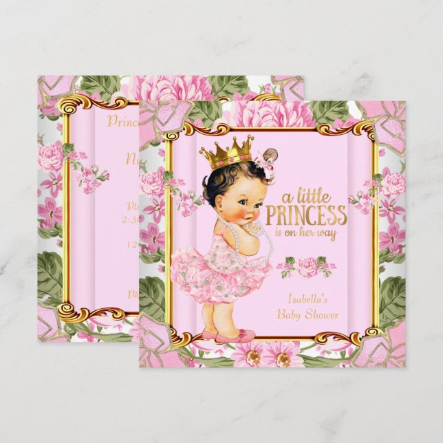 Princess Baby Shower Rosa ros Blommigt Brunette Inbjudningar (Fram/baksida)