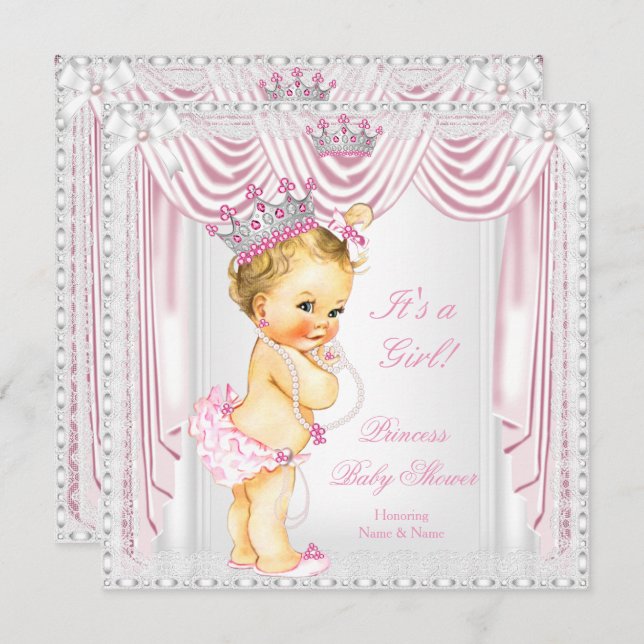 Princess Baby Shower Rosa Satin Snöre Light Skin Inbjudningar (Fram/baksida)
