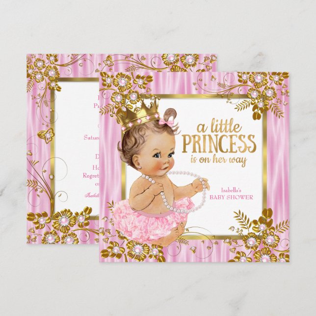 Princess Baby Shower Rosa Silke Blommigt Brunette Inbjudningar (Fram/baksida)