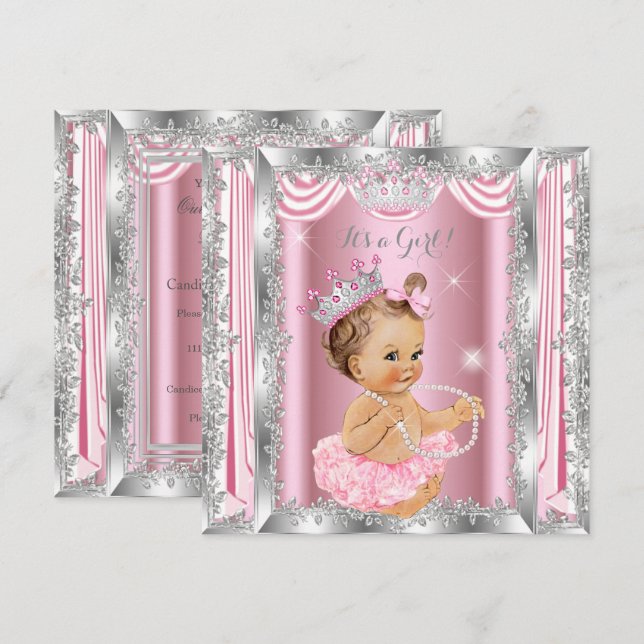 Princess Baby Shower Rosa Silver Ballerina Light Inbjudningar (Fram/baksida)