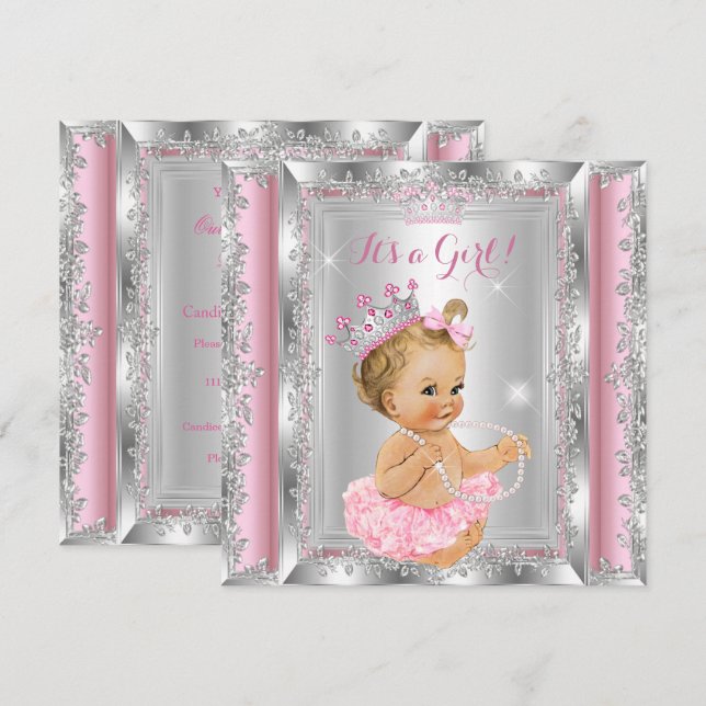 Princess Baby Shower Rosa Silver Tutu Blonde Inbjudningar (Fram/baksida)