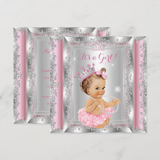 Princess Baby Shower Rosa Silver Tutu Brunette Inbjudningar (Fram/baksida)