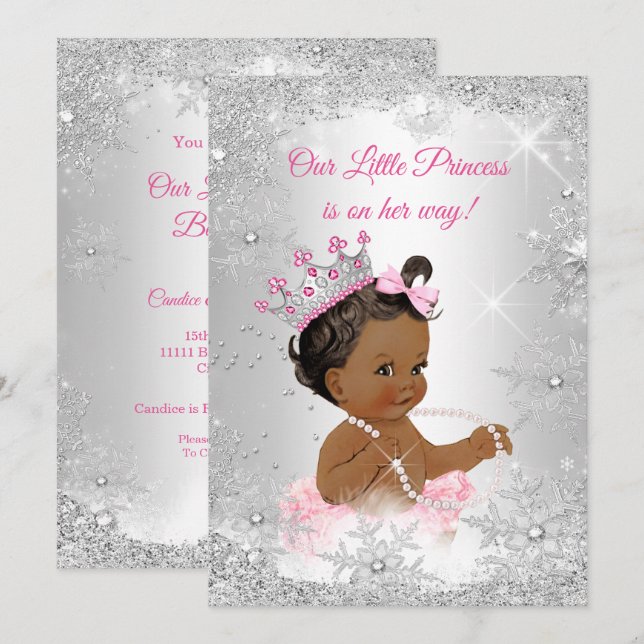 Princess Baby Shower Rosa Silver Winter Ethnic Inbjudningar (Fram/baksida)