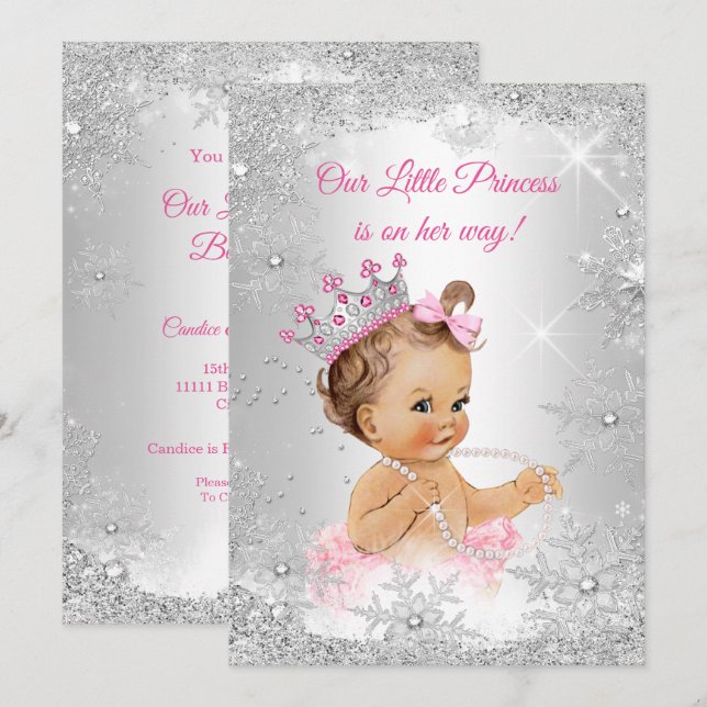 Princess Baby Shower Rosa Silver Winter wonderland Inbjudningar (Fram/baksida)
