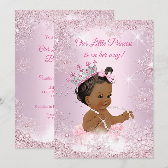 Princess Baby Shower Rosa Snowflake Winter Ethnic  Inbjudningar (Fram/baksida)
