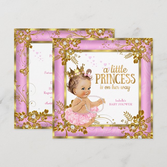 Princess Baby Shower Rosa Tutu Blommigt Brunette Inbjudningar (Fram/baksida)