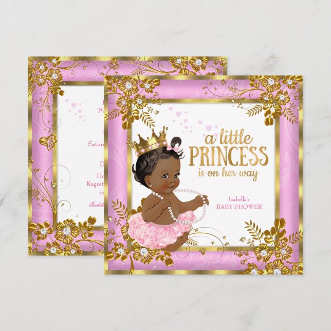 Princess Baby Shower Rosa Tutu Blommigt Ethnic Inbjudningar (Fram/baksida)