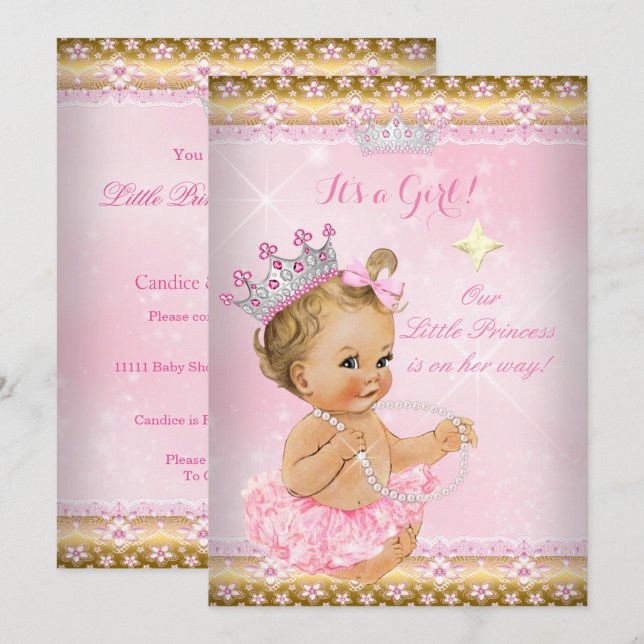Princess Baby Shower Rosa Tutu Guld Tiara Blonde Inbjudningar (Fram/baksida)