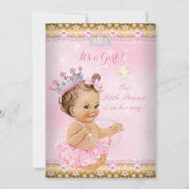 Princess Baby Shower Rosa Tutu Guld Tiara Brunette Inbjudningar